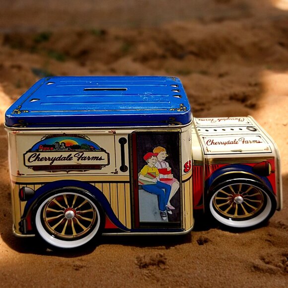 Vintage Cherrydale Farms Fine Confections Tin Truck Bank Wheels Move Bank *READ* - Picture 1 of 15